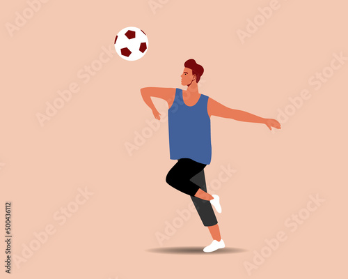 Fototapeta Naklejka Na Ścianę i Meble -  Young man plays football with ball, flat vector stock illustration, isolated football player