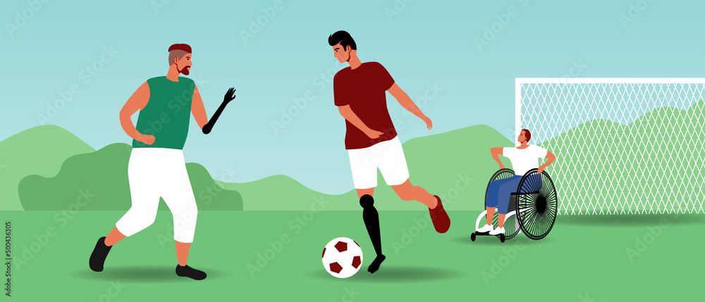 Inclusive people play soccer, flat vector stock illusion with men with prosthesis and wheelchair together as sports training