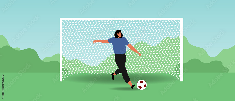 Fototapeta premium Women's football with female goalkeeper on goal, flat vector stock illustration with football player