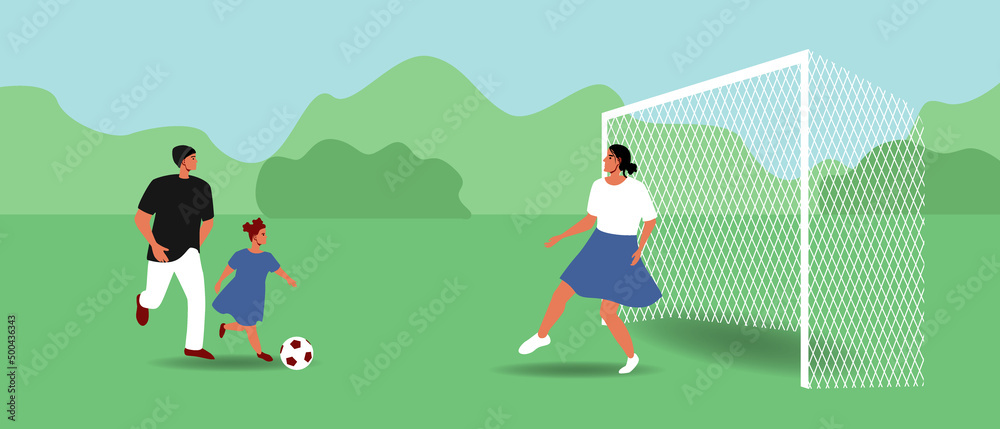 Fototapeta premium Family with child as football team, flat vector stock illustration with daughter and parents playing football together