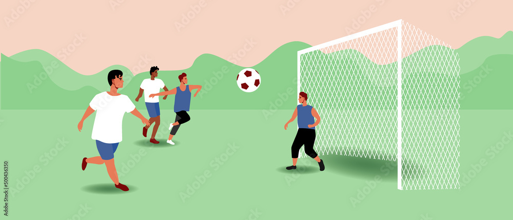 Kids playing soccer, junior team, flat vector stock illustration with boys with soccer ball