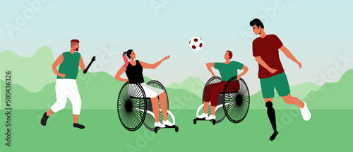 Inclusive people play football, flat vector stock illustration with torment with prosthesis and woman in wheelchair as activity with ball