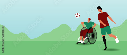 Invaldine people with prosthesis play football, flat vector stock illustration as copies space template, inclusive team