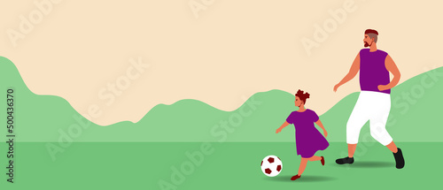 Parent with child playing football, flat vector stock illustration as copies space template, family active leisure with father and daughter