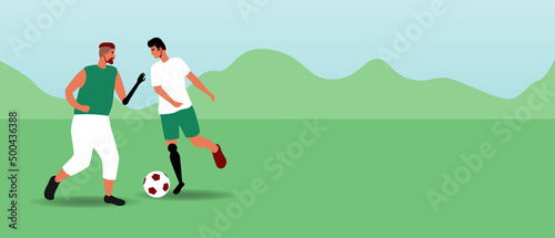 Inclusive football team  flat vector stock illustration as copies space template  group of people with disabilities as football players