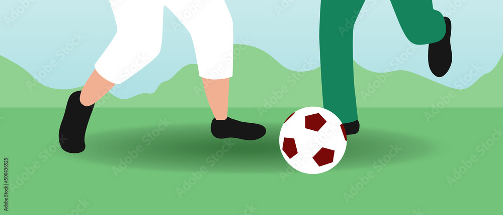 Athletes' feet, playing football, flat vector stock illustration with ball