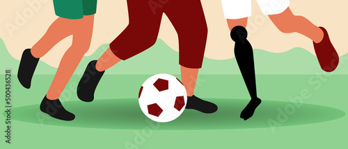 Inclusive football, flat vector stock illustration with feet of football players with prosthesis and soccer ball