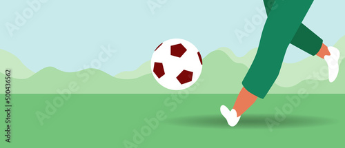 Football player beats pentalty at championship, flat vector stock illustration copy space template