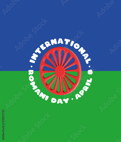 3d illustration of the flag of the Romani people with blue and green background and a red cart wheel