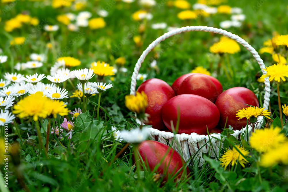 Easter basket with eggs on spring field Easter basket with eggs on spring field