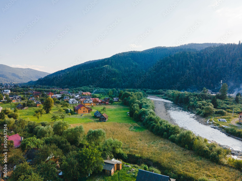 overhead view of ukrainian village in carpathian mountains