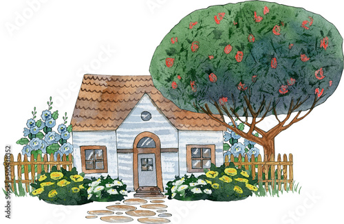 cute house illustration, watercolor fairy garden sublimation designs, summer scenes image