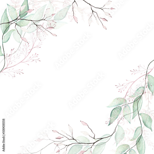 Watercolor painted floral frame on white background. Pink  turquoise  blue branches  leaves and twigs.
