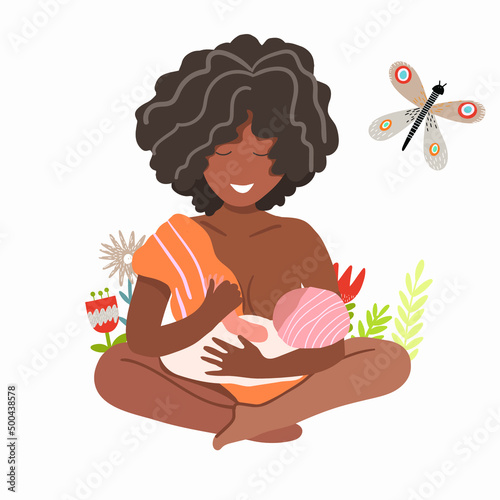 Dark-skinned woman breastfeeding a child, around flowers, butterfly, appeasement, warm feeling, sling, vector illustration, happy mother's day.