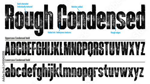 Rough Bold Condensed Font. Uppercase and Lowercase. Works well at small sizes. Detailed, individually textured characters with an eroded rough letterpress/rolled ink print texture. Unique design font.