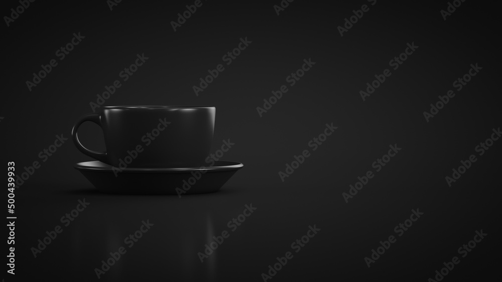 Black mug with a saucer on a black background. Copy space Black mug with a saucer on a black background. Copy space