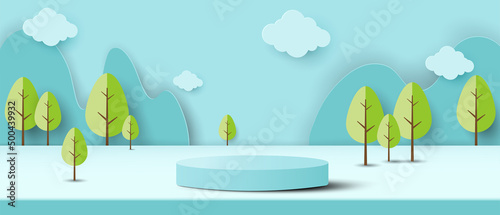 Abstract cylinder pedestal podium shapes with blue background.