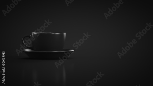 Fototapeta Naklejka Na Ścianę i Meble -  Black mug with a saucer on a black background. Copy space