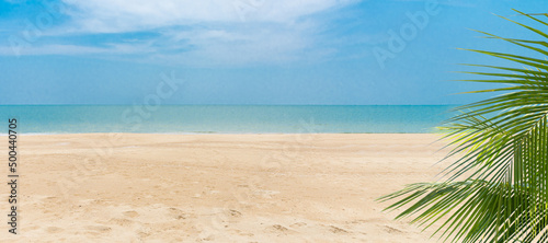 Summer beach concept. Green leaves of Palm coconut trees against blue sky and beautiful beach on day. View with of nice tropical beach. Vacation holidays background. Wallpaper summer.