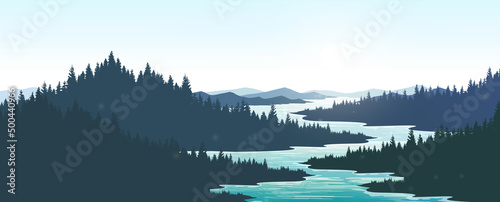 Mountain scenery morning lake scenery. Pine trees and mountains.