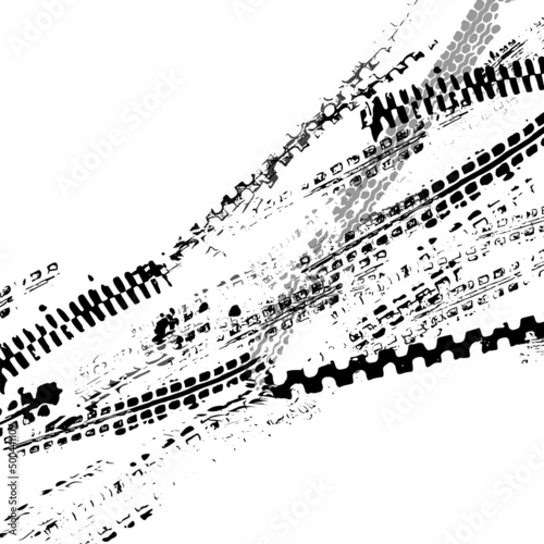 Traces from the tire tread of a car, motorcycle or bicycle. Motocross, rally, track, traces of grungy wheels. Vector texture.