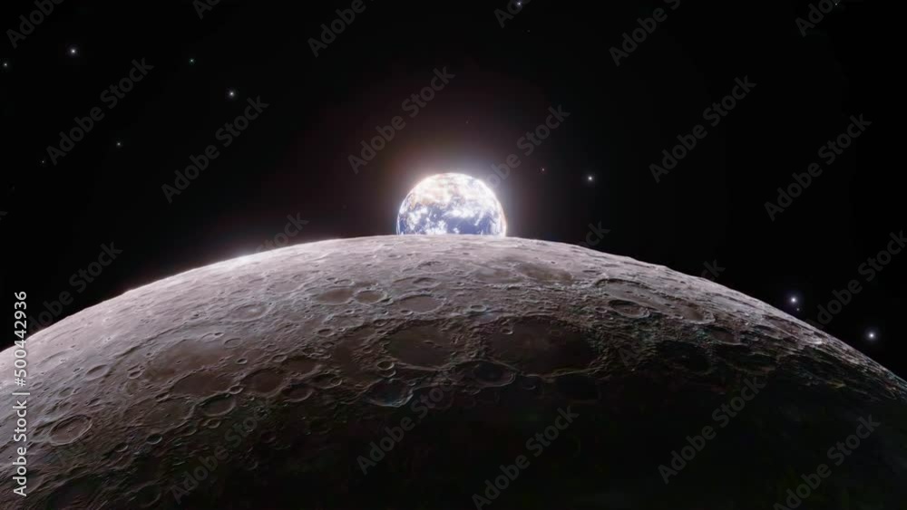 The Earth rises above the moon. Unique angle view of the earth as it appears from the surface of the moon. 4K.
