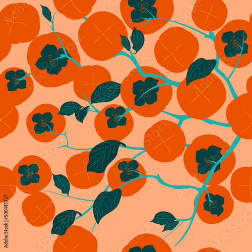 Seamless pattern. Colorful fruit pattern of fresh whole and sliced persimmon fruits. Vector illustration