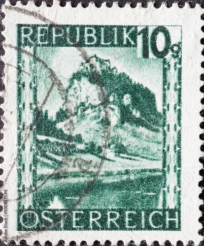 Austria - circa 1945 : a postage stamp from Austria, showing a landscape in Austria: Hochosterwitz (Carinthia)