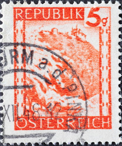 Austria - circa 1947 : a postage stamp from Austria, showing a landscape in Austria: Leopoldsberg (Vienna)