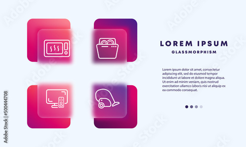 Home Appliances set icon. Oven, dishwasher, TV, vacuum cleaner. Technics concept. Glassmorphism style. Vector line icon for Business and Advertising