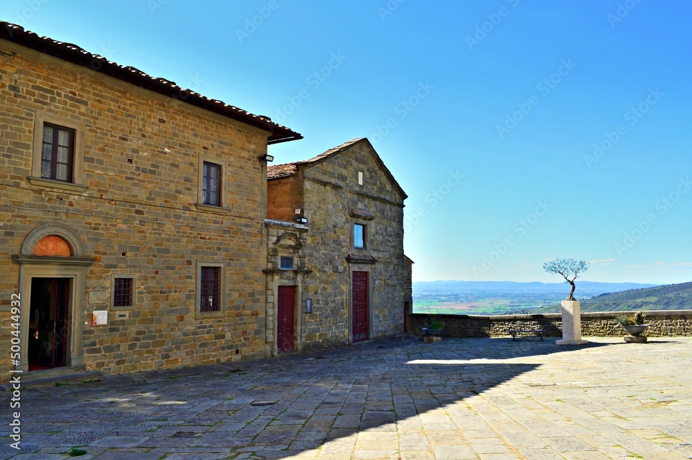 cityscape of the historic village of Cortona of Etruscan origins in the province of Arezzo in Tuscany, Italy