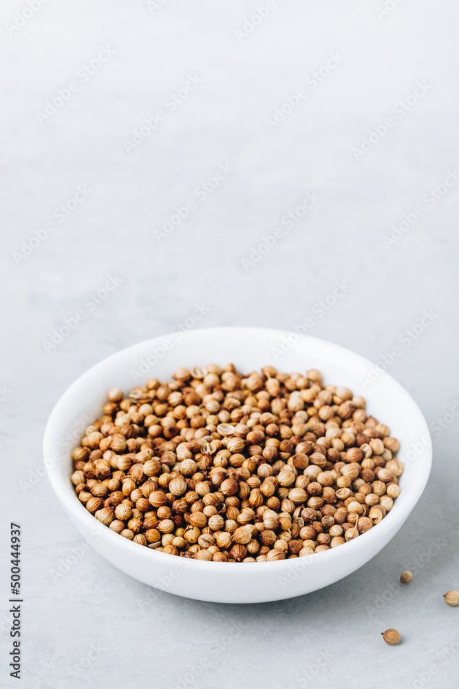 Coriander whole dry seeds in white bowl on gray stone background Coriander whole dry seeds in white bowl on gray stone background