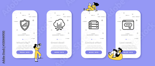Data transfer set icon. Website, protect, data synchronization. Loading and unloading information. Pictogram concept. UI phone app screens with people. Vector line icon for Business and Advertising