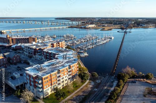 An aerial view of the New Bern North Carolina waterfront apartments and marina