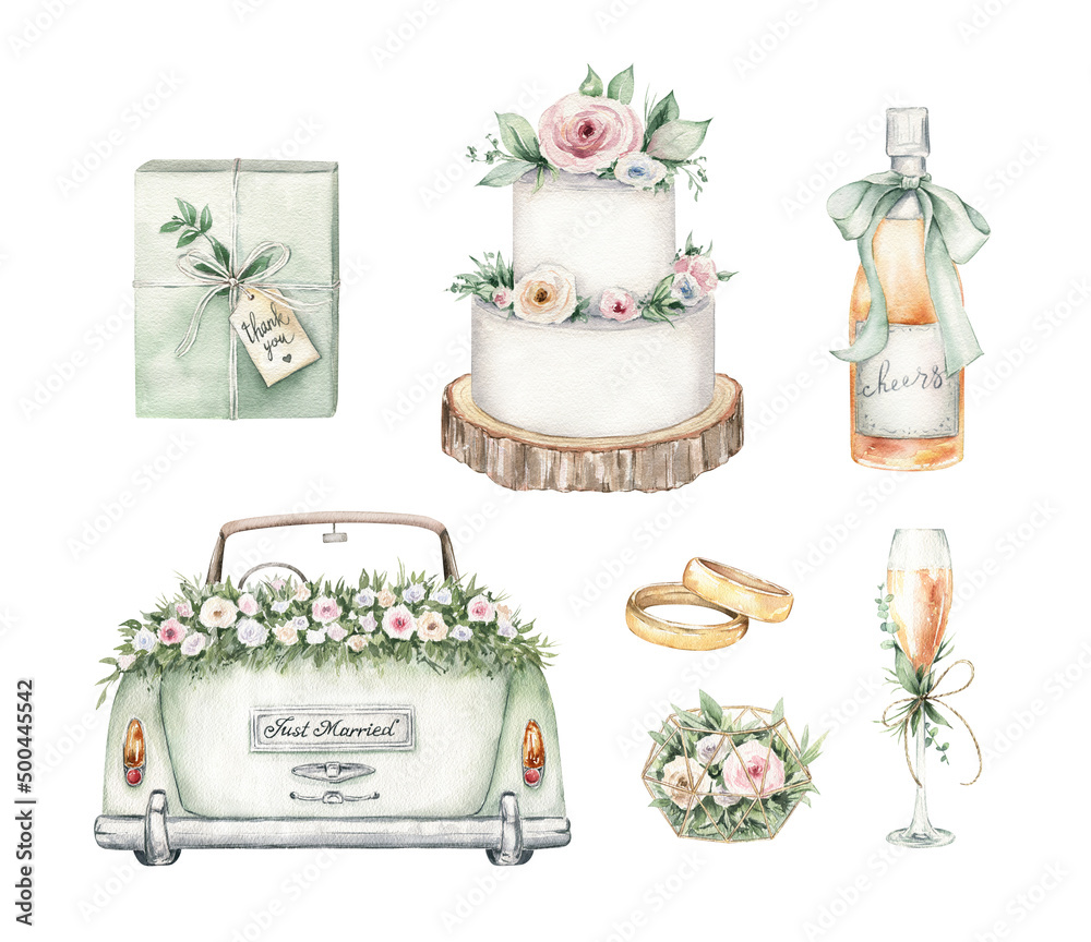 Watercolor wedding clipart set. Hand drawn illustrations isolated on white background. Romantic graphics for invitation, save the date. Wedding card decoration.