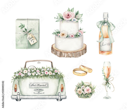 Watercolor wedding clipart set. Hand drawn illustrations isolated on white background. Romantic graphics for invitation, save the date. Wedding card decoration. © Victoria Pak