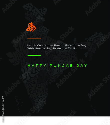 Happy Punjab Day. India map with all states languages typography. Punjab map typography in Gurmukhi.