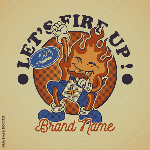 Cartoon emblem of cheerful fire with retro style