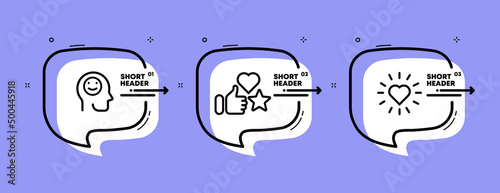 Feedback set icon. Head, good mood, thumb up, trumb up, hearth. Review concept. Infographic timeline with icons and 3 steps. Vector line icon for Business and Advertising