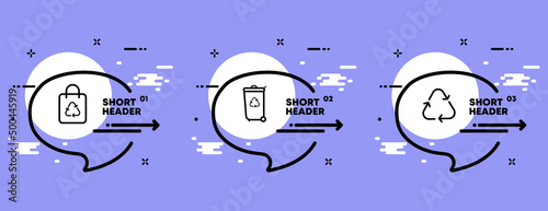 Recycling set icon. Recast, conversion, trash. Eco concept. Infographic timeline with icons and 3 steps. Vector line icon for Business and Advertising