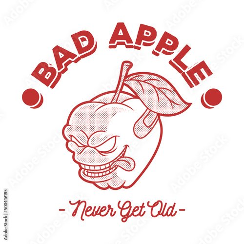 Cartoon emblem of fierce faced apple fruit with simple retro style