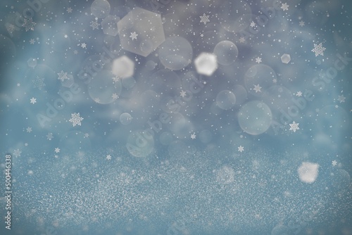 cute bright glitter lights defocused bokeh abstract background and falling snow flakes fly, festal mockup texture with blank space for your content
