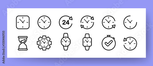 Time set icon. Clock, table clock, wrist, wall clock, hourglass etc. Vector line icon for Business and Advertising