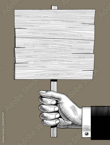 Engraved drawing of Hand holding a wood signboard