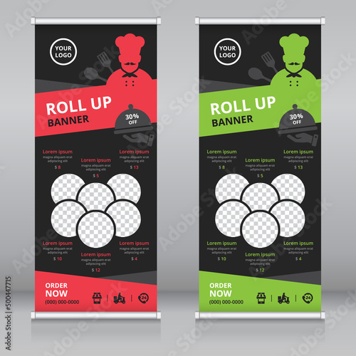 Modern roll up banner template for restaurants and hotels. standee or x-banner template, flag banner, vertical signboard template, vertical billboard template, brochure or flyer template
