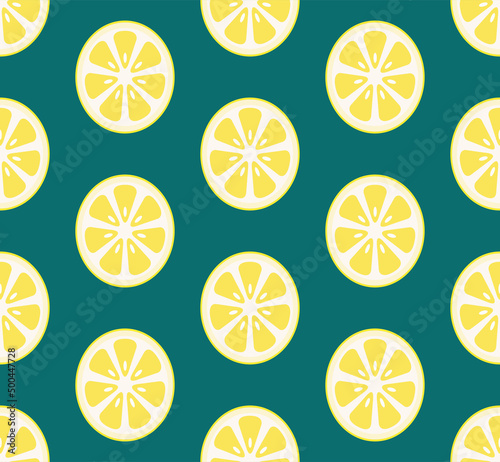 Vector seamless pattern with lemon slices in green background. Endless texture can be used for wallpaper,printing on fabric, paper, scrapbooking.
