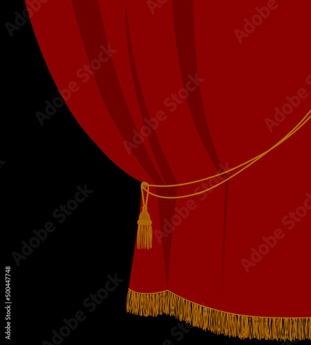 Red curtain in flat style isolated with golden fringe on black background