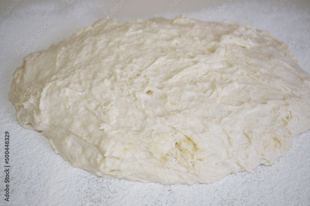 Raw yeast dough on a table sprinkled with flour.