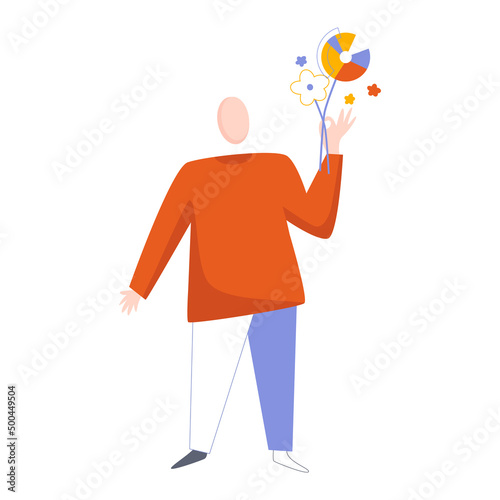 Man stand with flowers and pie chart. Business florist web concept. Vector illustration