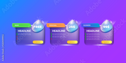 Price table concept vector design template. Pricing or subscription plan ui web elements. Website marketing and promotion landing page template. Product card UI vector illustration
